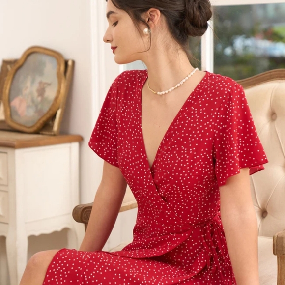 NWT Rihoas Red & White PolkaDot Wrap Midi Dress, Medium - Picture 7 of 17